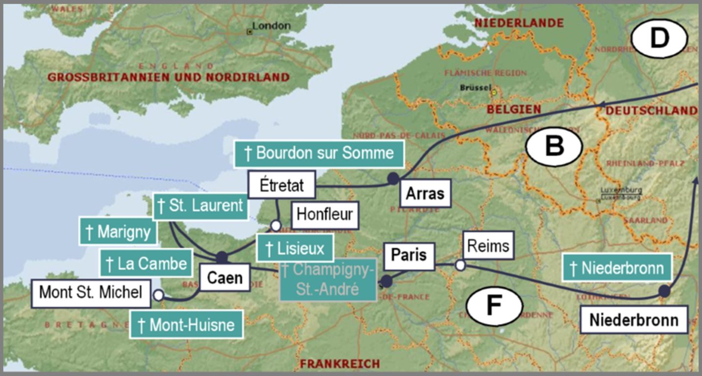 Reiseroute Über die Normandie und Paris